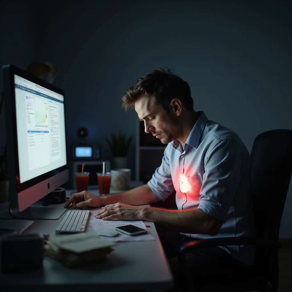 realistic overworked man late night, cluttered desk, paperwork, energy drinks, glowing monitor, fatigue, dark circles, slouched posture, faint red glow on heart and gut, moody burnout health risk emoji