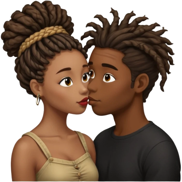 Brown boy with dreadlock kissing black girl with curly bun emoji
