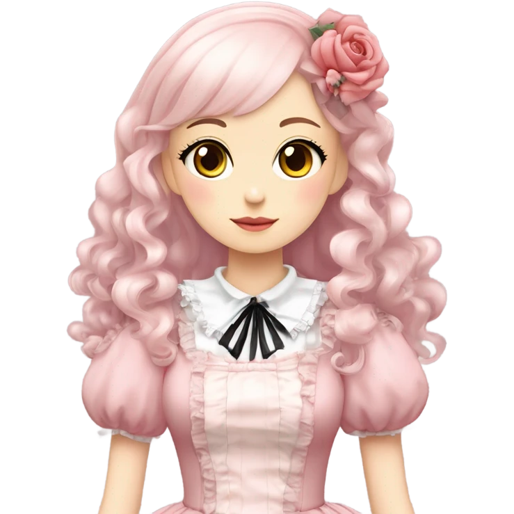 Vestido rosa pastel y white gothic lolita, cuerpo completo, color de piel morena, pelo largo, pelo de color rojo y negro emoji