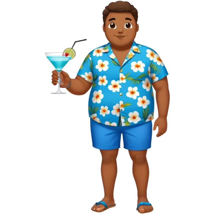 chubby guy full figure in a flowered azure havai shirt, brown shorts and flippers holding a cocktail emoji