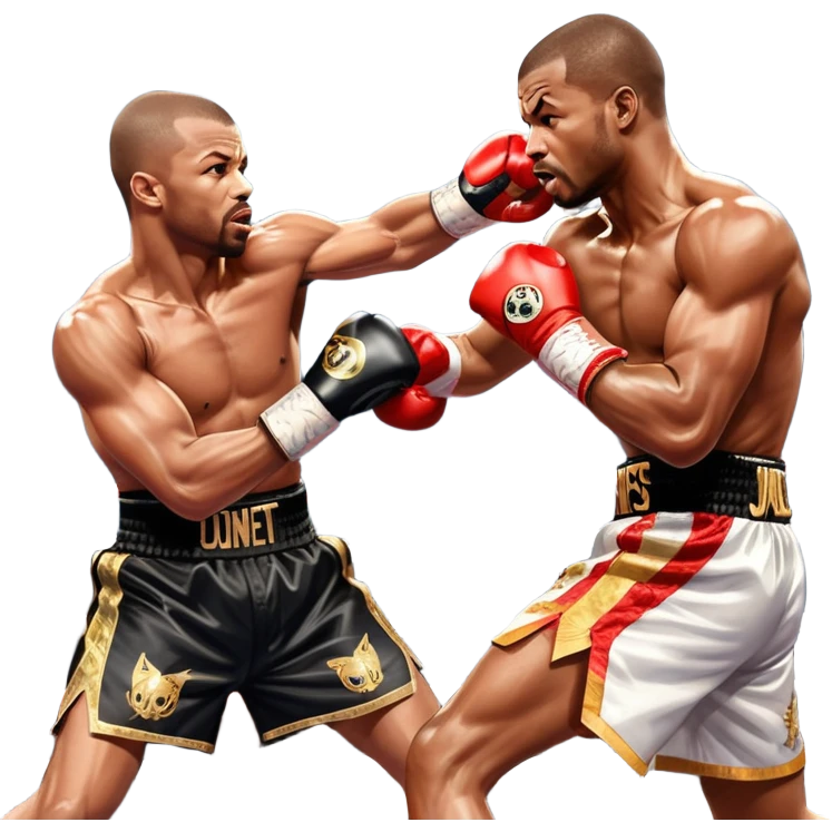Roy Jones Jr. vs. Montell Griffin in the boxing ring. Jones is delivering a swift, powerful jab, while Griffin counters with a defensive move. The background shows a packed arena with bright lights, emphasizing the intensity and skill of the legendary fight. Transparent background emoji