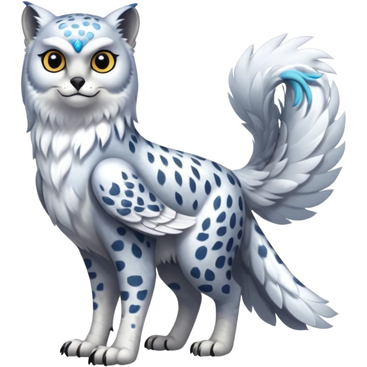 Realistic wild natural elegant pretty beautiful handsome shiny colorful furry 4-legged digitigrade snow-leopard-snowy-owl-gryphon-griffin-arctic-fox-fusion-hybrid-fursona-furry-animal-creature, full body, hyper-realism, long tufted tail emoji
