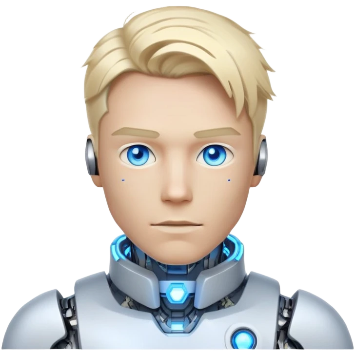 Cyborg male with tousled straight blond hair, partly mechanical face, glowing eyes, white tech collar emoji
