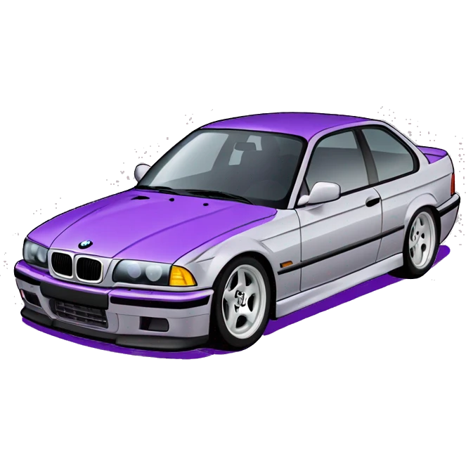 A bmw e36 in light gray colour and purple stickers and purple under lights emoji