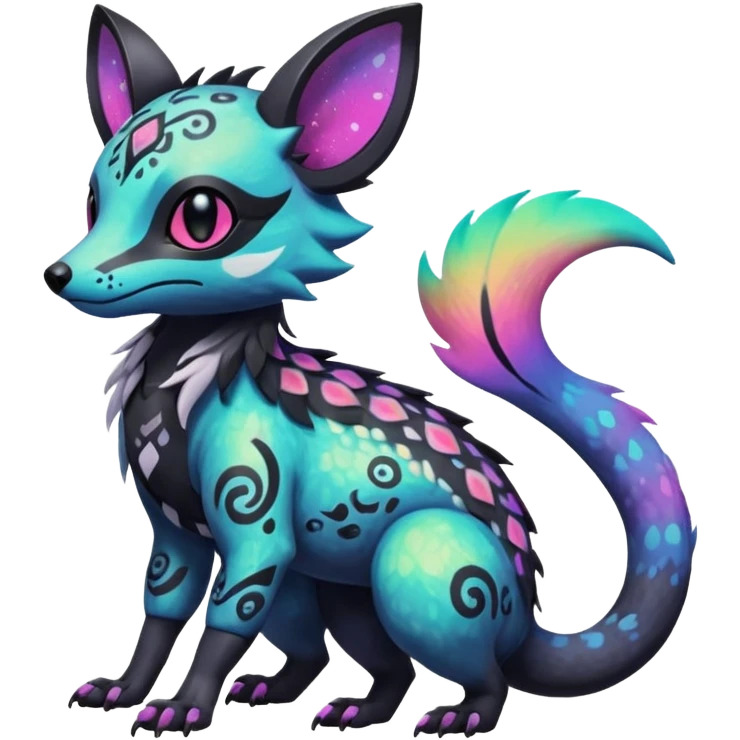 Rare neon iridescent white exotic cute epic aesthetic gothic colorful Salandit-Eevee-Civet-species-Fakemon-hybrid-creature, with intricate tattoo markings, full body emoji