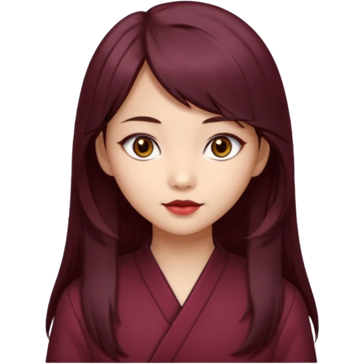 asian girl, long dark burgundy brown hair, hazel brown eyes, half lidded eyes, wolfcut hairstyle emoji