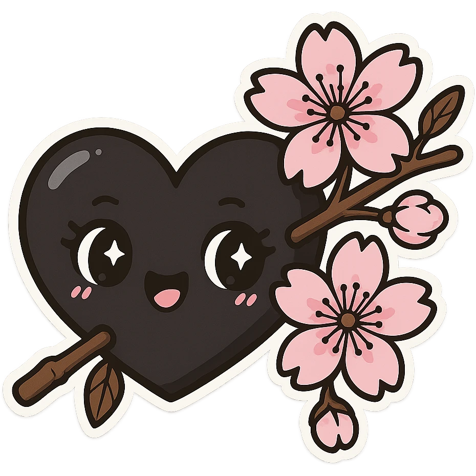 goth sakura heart, heart pierced by sakura branch, black and pink, expressive and fun emoji