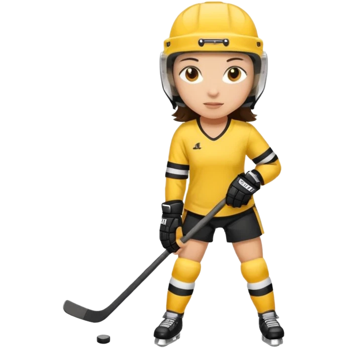 Girl hockey player with yellow and black jersey full body brunette with helmet emoji