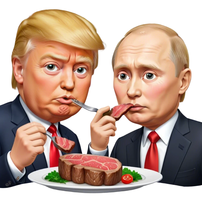 photorealistic Donald Trump and Putin eating a steak shaped like an piece of land emoji