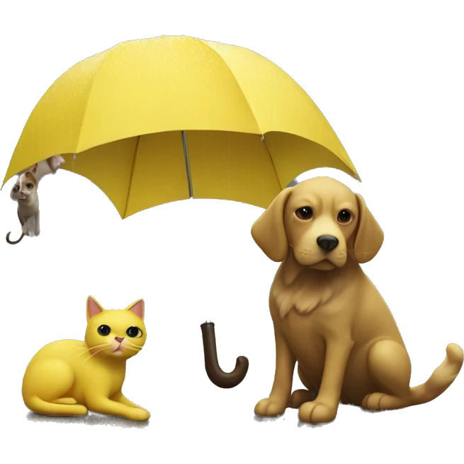 Yellow umbrella with cat and dog under and rain emoji