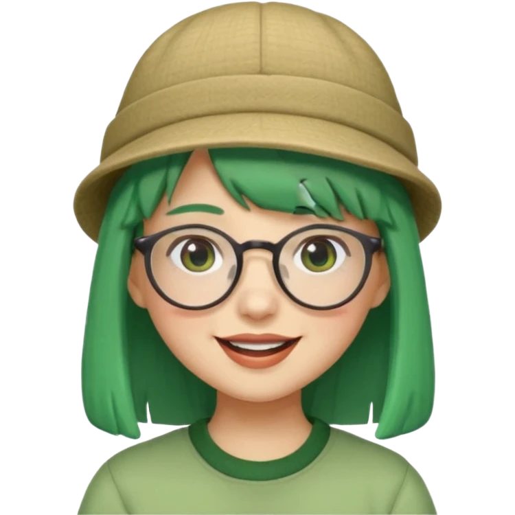 bangs, cute hat, green hair very happy and glassess emoji
