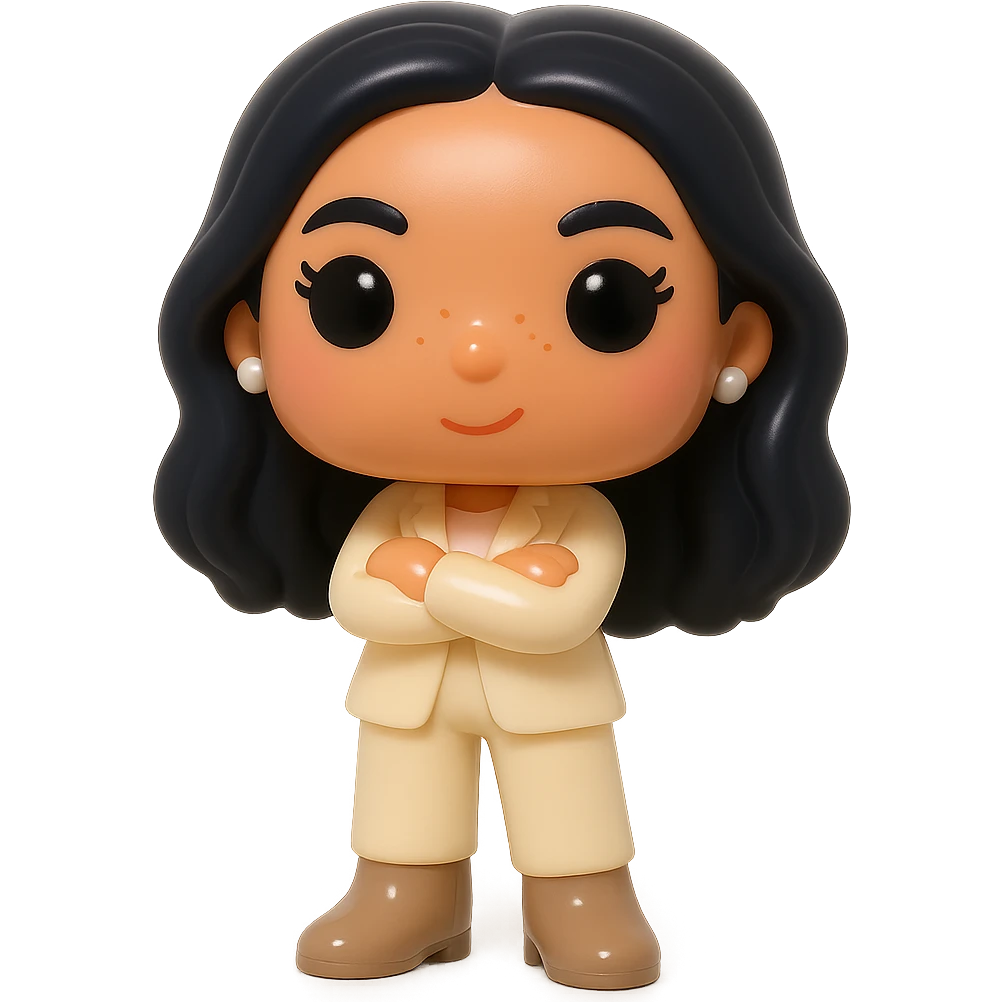 Funko Pop style vinyl figure with luminous smooth tanned skin, highly detailed dark hair, hyper-textured feminine cream suit (jacket and pants), small pearly earrings, greige leather boots clearly visible, arms crossed, rosy cheeks, very discreet freckles, eyelashes, mischievous and cheerful expression, no mouth, transparent background. emoji
