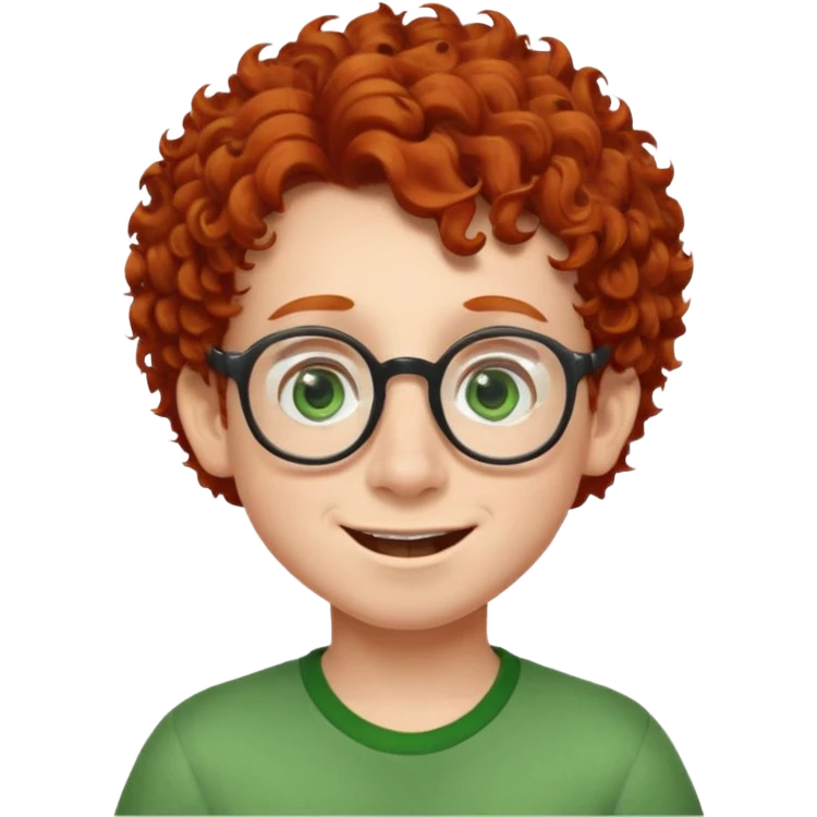 redhead kid with unique face features and very curly hair kid boy happy and big glassess and big nose and very green eyes emoji