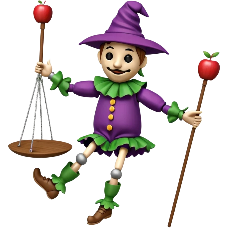3D render of Jester Puppet as a wooden marionette puppet, Floppy hat, strings on hat, silver metal screw joints at elbows and knees, polished brown wood texture, rigid toy pose, Apple emoji style, isolated on white background --v 6.0. emoji