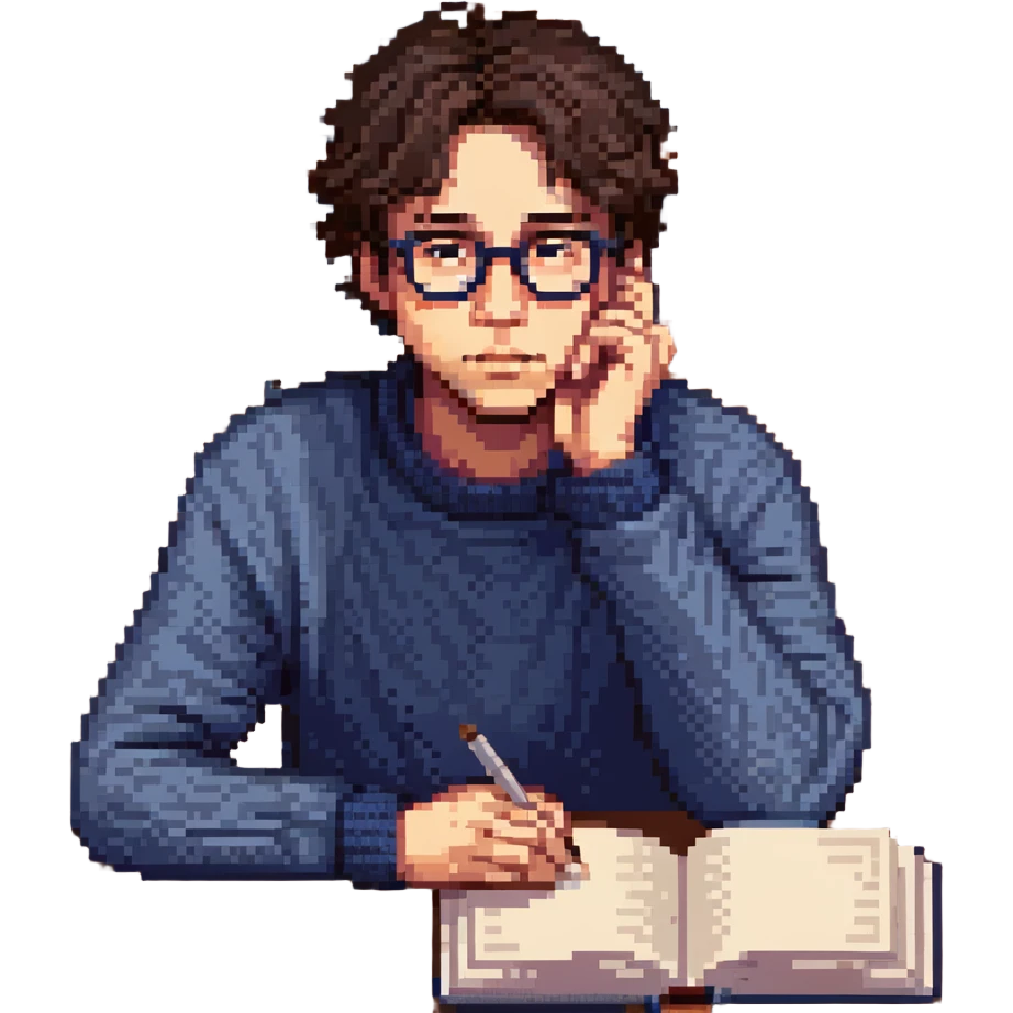 Flat pixel are, calm and curious male thinker, light skin, short tousled dark hair, round glasses, focused expression, wearing an indigo sweater, seated at a desk with open books, one hand resting under his chin in thought, waist-up, front-facing emoji