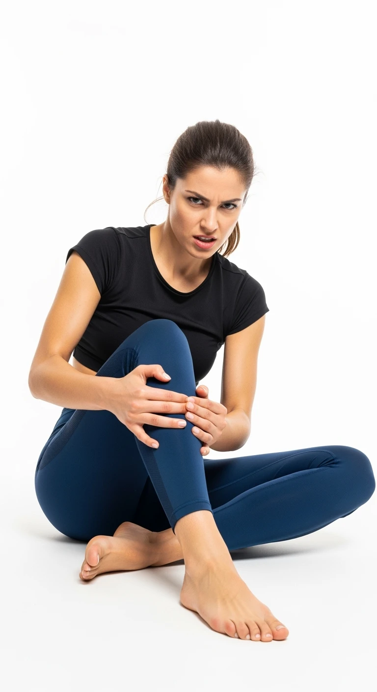 donna fitness con gambe stanche, si massaggia le gambe gonfie con espressione insofferente in volto, isolata su sfondo bianco emoji