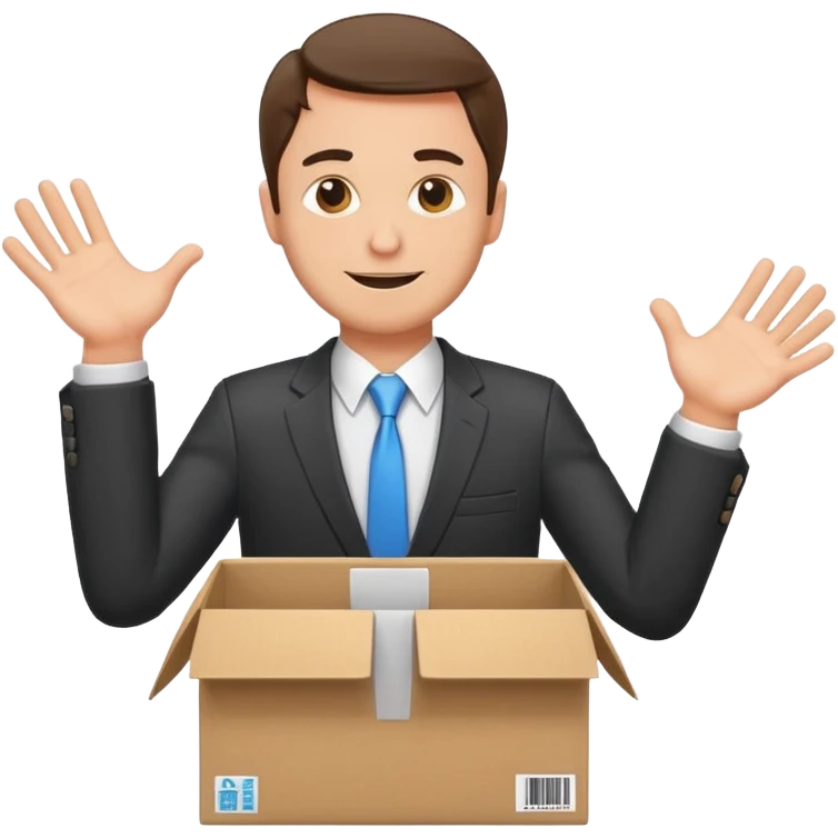 Sticker of a man in a business suit, front view, arms extended forward as if ready to hold a box, friendly expression, clean cartoon style, bold outlines, minimal background, emoji sticker style emoji
