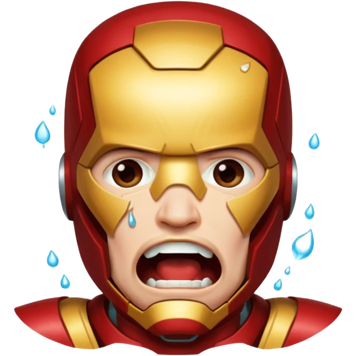 Create a man in an Iron Man costume who is crying with his mouth open and tears flowing emoji