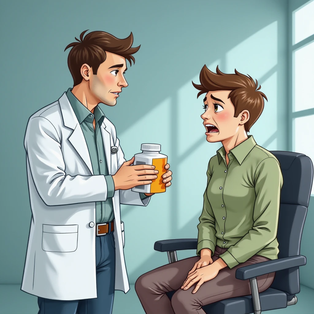 realistic illustration of a doctor in a white coat handing a box of medicine to a patient with a pained expression, the doctor seems uninvolved, clinic background, critical atmosphere emoji