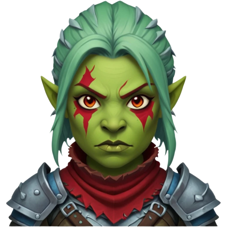 Fantasy Christmas orc legion soldier icon, iron tundra army theme, heavy winter armor, disciplined brutal look, dark icy steel armor with bold crimson cloth and markings, cold blue shadows, high contrast, clean emoji portrait style, female variant emoji