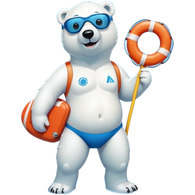 full body friendly anthropomorphised polar bear wearing swim suit with board shorts below the knee and scuba goggles, holding a life buoy, standing in a puddle emoji
