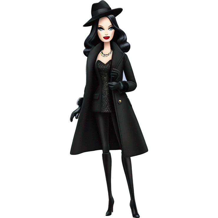 Silkstone Dazzling Winter Barbie Morticia Addams .  Wearing coat gloves boots hat emoji