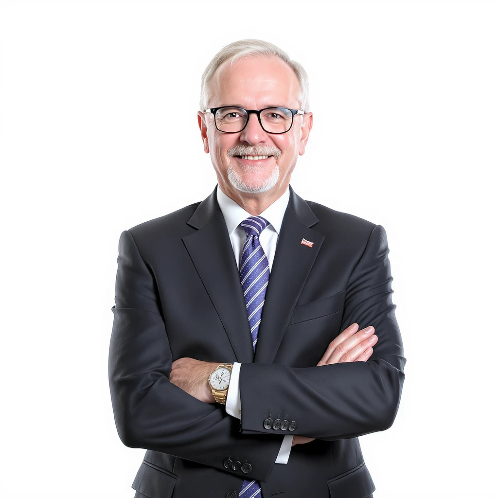 Photo of a 60 year old polish businessman crossed hands and glasses, elegant outfit, white solid background emoji