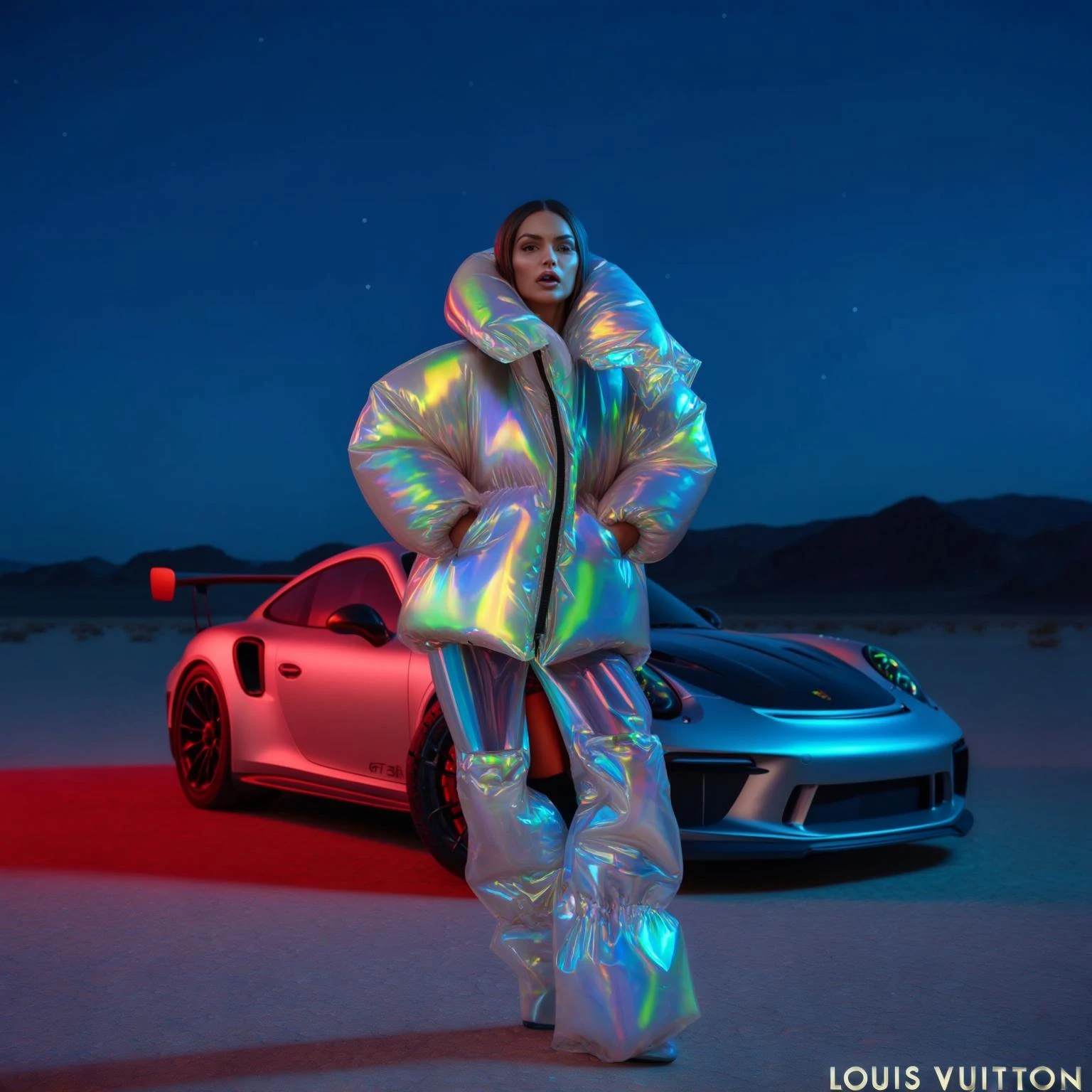 Closeup shot, Top view Photo of a woman dress in abstract holo puffer Louis Vuitton outfit, express body, porsche 911 gt3 rs, soft light, red light in background, woman on desert during night with spot light, blue minimalistic sky in background, studio, layared composition, mountains in background, emoji