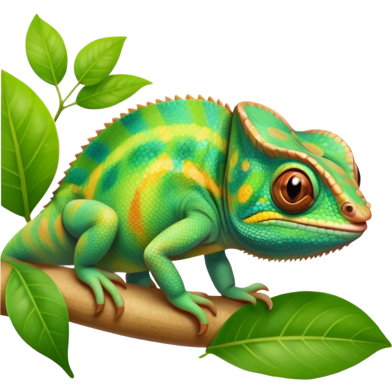 cinematic cute-smiling baby chameleon-realistic emoji,-blending-with-vibrant-greenery.-detailed-scales-in-shifting-colors,-showing-the-chameleon’s-ability-to-camouflage.-soft-natural-light-highlights-its-texture.-light-background, zoomed into its face emoji