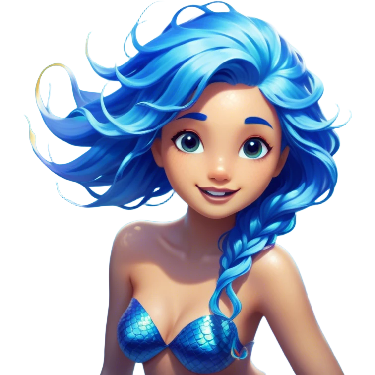 Cinematic Realistic Blue Hair Mermaid Portrait, head tilted dramatically with an exaggeratedly amused expression, featuring a striking, vibrant form with meticulously detailed, flowing blue hair and glowing, tanned skin. Her expressive eyes brim with playful marine mischief, rendered with dynamic underwater lighting and vibrant textures that imbue the scene with an air of cheeky, over‐the‐top oceanic whimsy—capturing the essence of a spirited mermaid ready to enchant with coastal charm. emoji