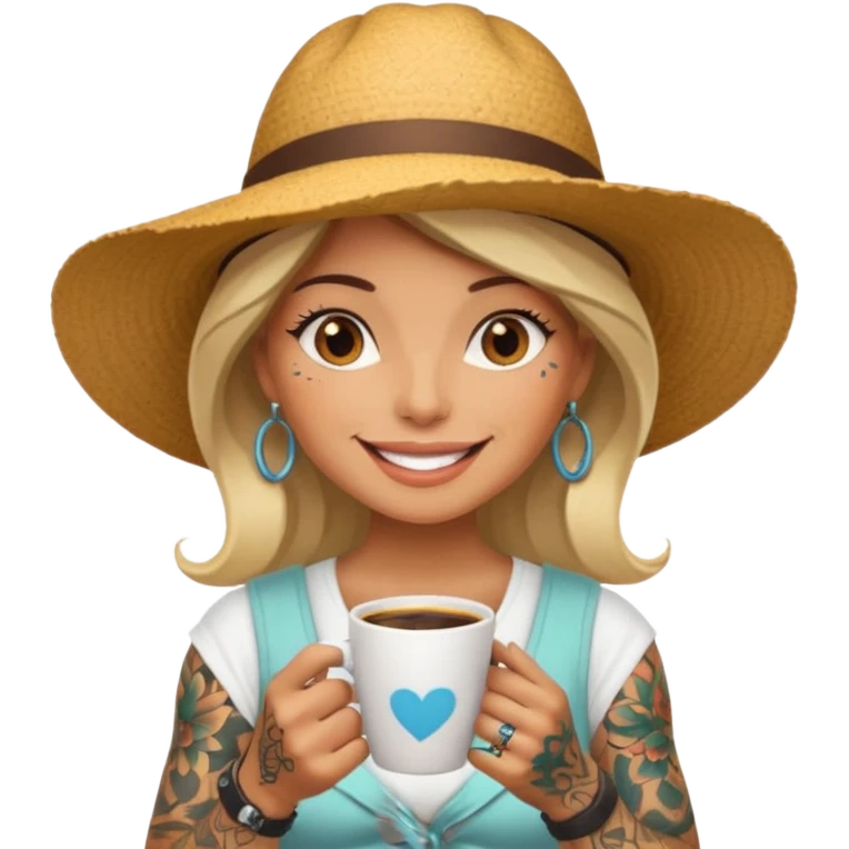 Tattooed lady in sunhat holding coffee cup emoji