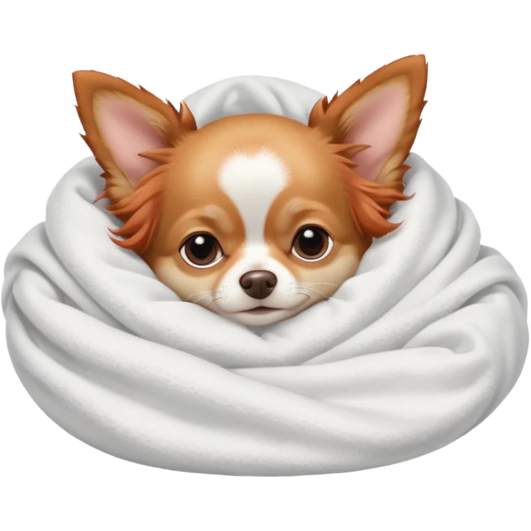 Long haired chihuahua, beige/redhaired with white chest and white socks, sleeping cutely under blanket emoji