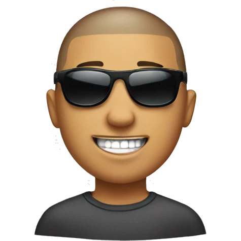 A boy with a buzzcut with sunglasses wearing tooth caps emoji