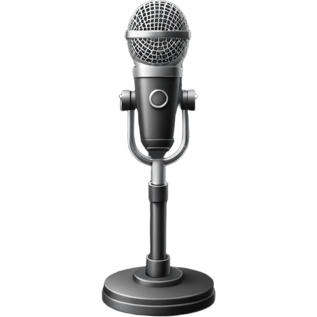 Minimalistic flat vector icon, iOS style, thin black contour on white background. Microphone on a stand with small spotlight rays. Clean, no text, no shadows emoji