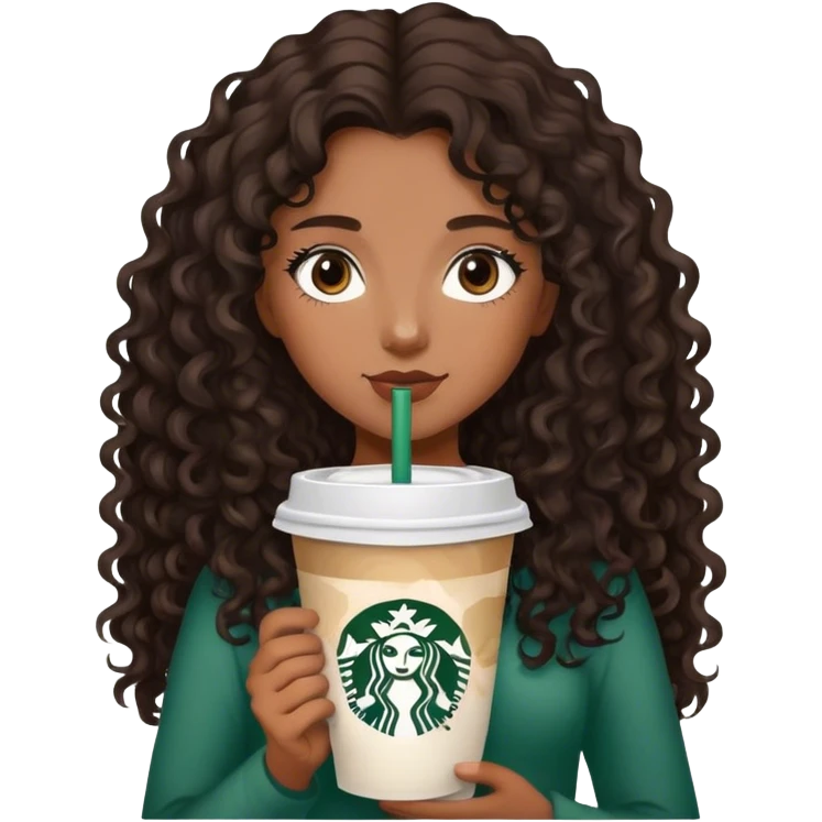 Girl with medium brown  skin light brown eyes/  black brown curly long hair with Starbucks  emoji