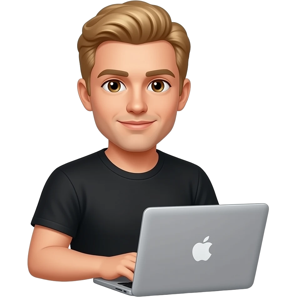 Блондин парень в черной футболке без бороды с карими глазами сидит за ноутбуком apple emoji