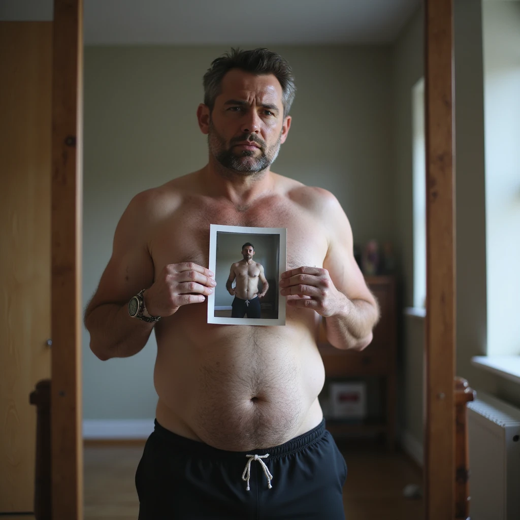 30-year-old man in sportswear standing in front of a mirror holding an old photo of himself thinner, frustrated expression, slightly protruding belly, home environment, hyperrealistic details, 4K emoji
