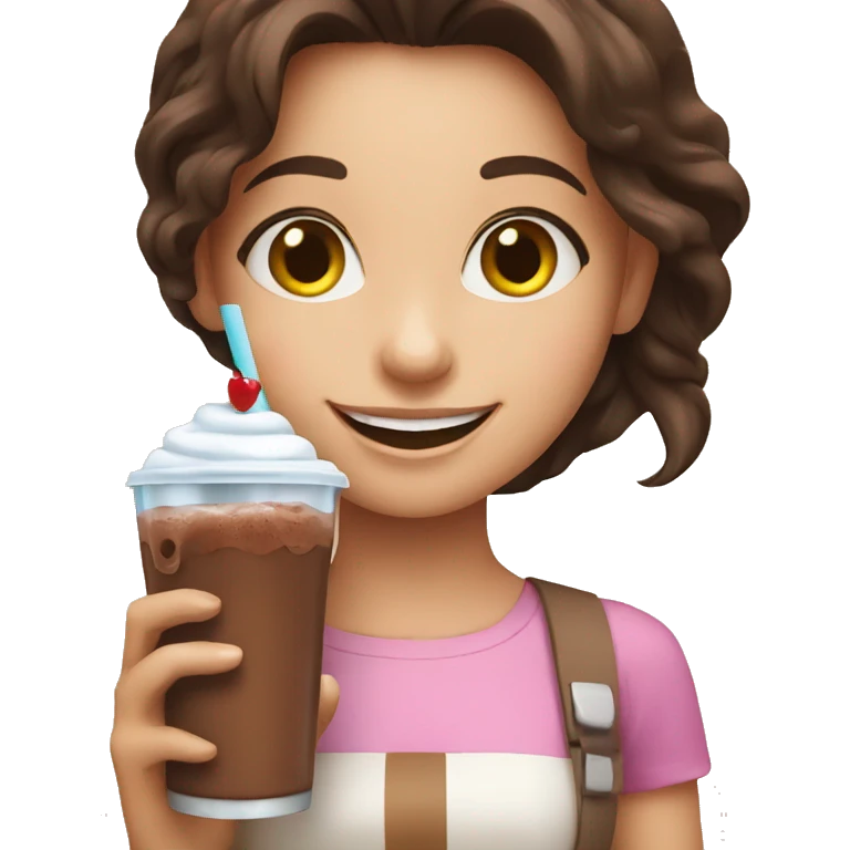 happy brunette girl holding a chocolate shake emoji