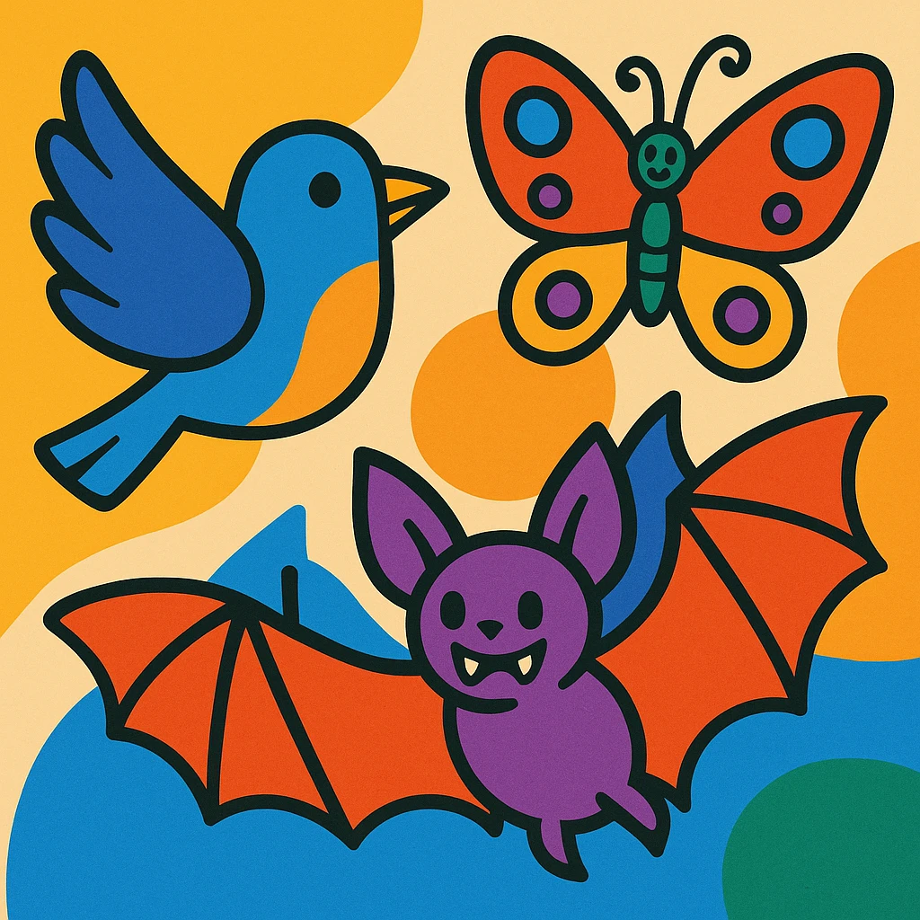 a group of animals with wings including a bird, a butterfly, and a bat in vibrant toon style emoji
