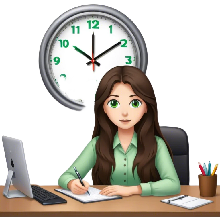 long haired brunette girl with green eyes working at a desk with wall clock at 6pm emoji