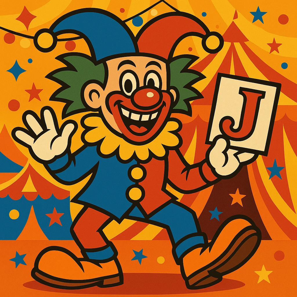 Add a festive circus background to the funny joker clown playing card character, keeping the wild and lively mood. emoji