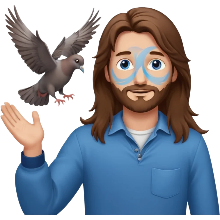 long haired man open arms looking at a flying pigeon emoji