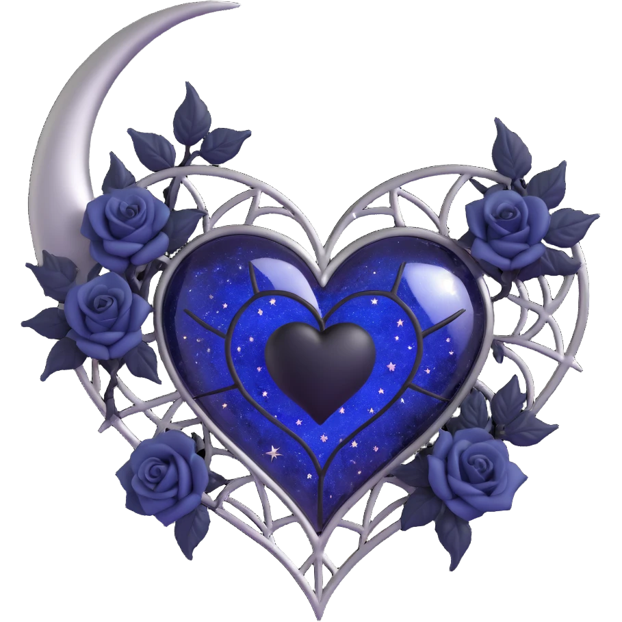 gothic heart, midnight blue glass, silver crescent moon, tiny black roses, shimmering stardust, silver spiderweb overlay emoji