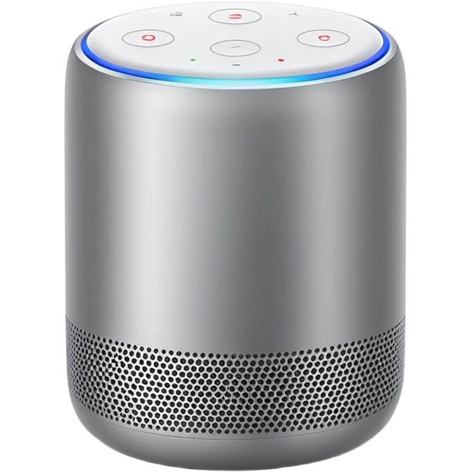Sleek Apple-style smart speaker, minimalist design, cylindrical shape, premium materials, white or space gray color, touch surface on top, modern home device emoji