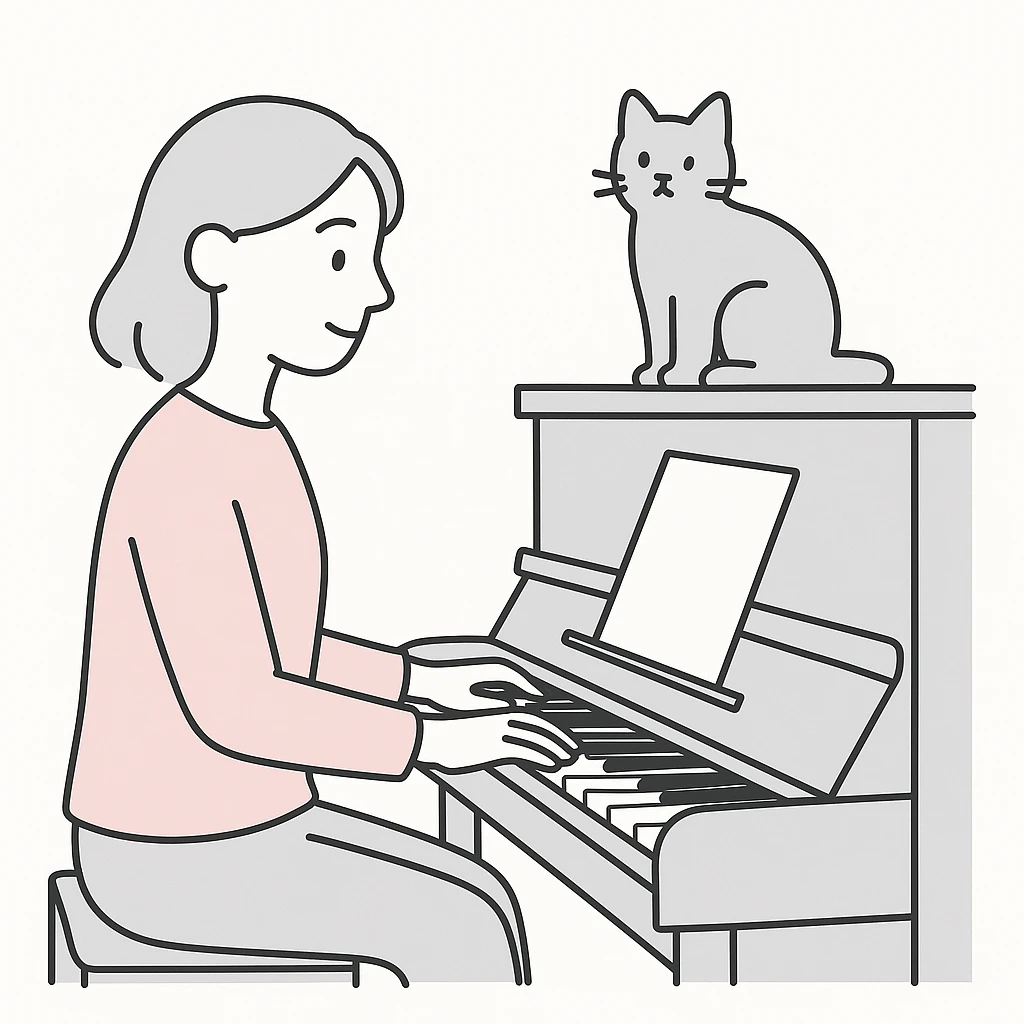 woman playing piano while her cat sits on top of the piano emoji