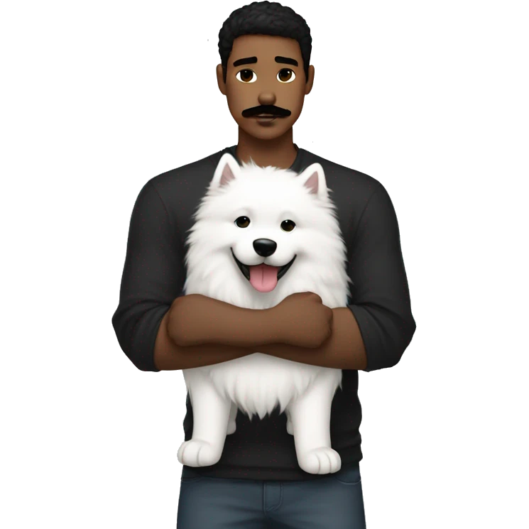White boy with dark black hair and dark black mustache hugs Samoyed  emoji