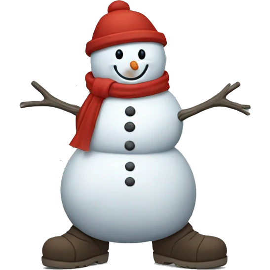 A snowman trying not to melt wearing a red trench coat and snow boots emoji
