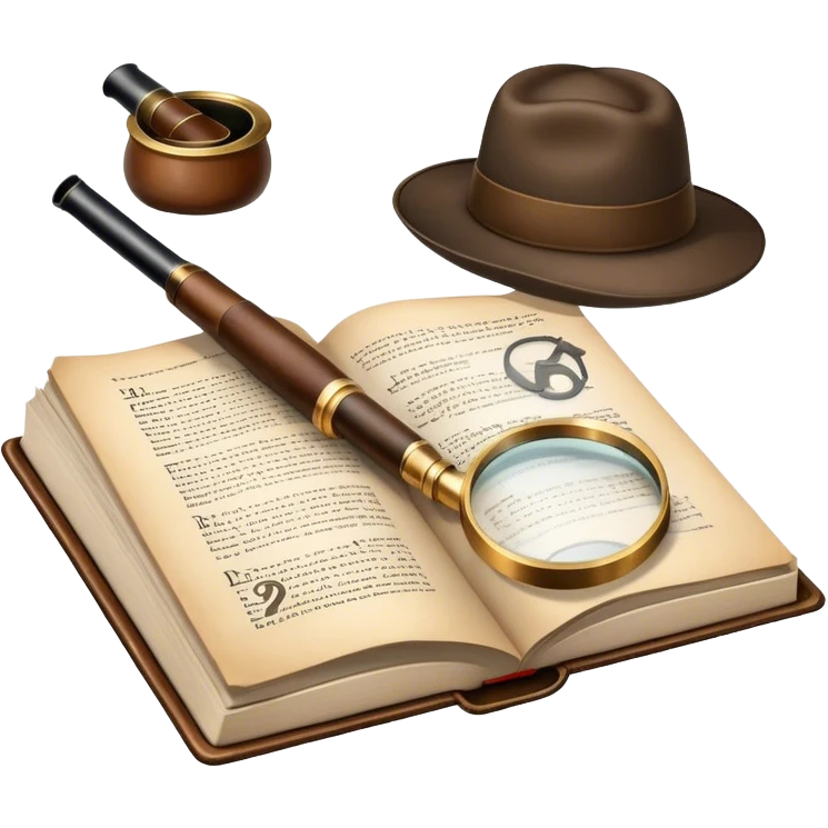 Icon for Detective Reading: an open book with text and a magnifying glass on the pages, a classic detective hat and a pipe, surrounded by clues like footprints, a revolver and a notepad. The icon should represent the mystery and intrigue of detective stories. Transparent background. emoji