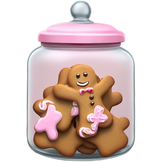 Realistic glass cookie jar with light pink lid full of gingerbread cookies isolated.  emoji