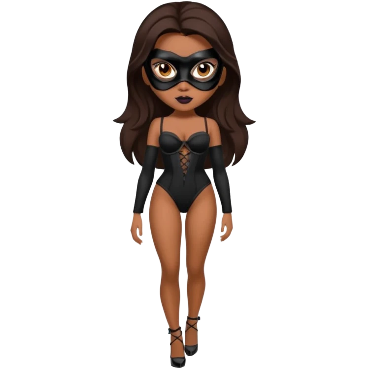 A sexy bratz girl. with caramel skin. Dark brown hair and brown eyes. She has freckles. Wearing sexy makeup. Dressed as a sexy purge mask. wearing lingerie. black heels on emoji